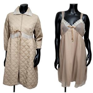 Vintage 50s 60s Danielle Peignoir Set Tan Quilted Robe Babydoll Nightgown‎